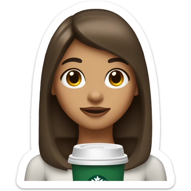 girl with a tan,straight brown hair with curtain bangs, with a mole on the left side of her face holding a starbucks christmas cup sticker