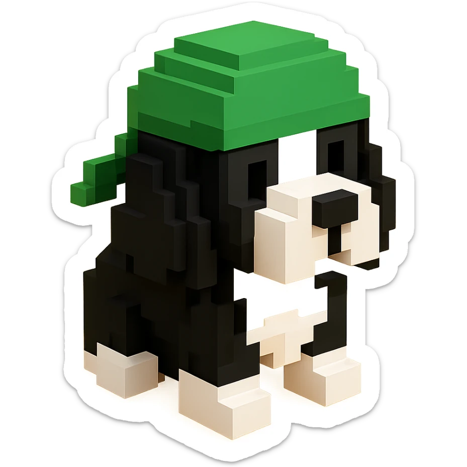 A black and white Russian Cocker Spaniel puppy wearing a green durag, voxel style, standing sticker