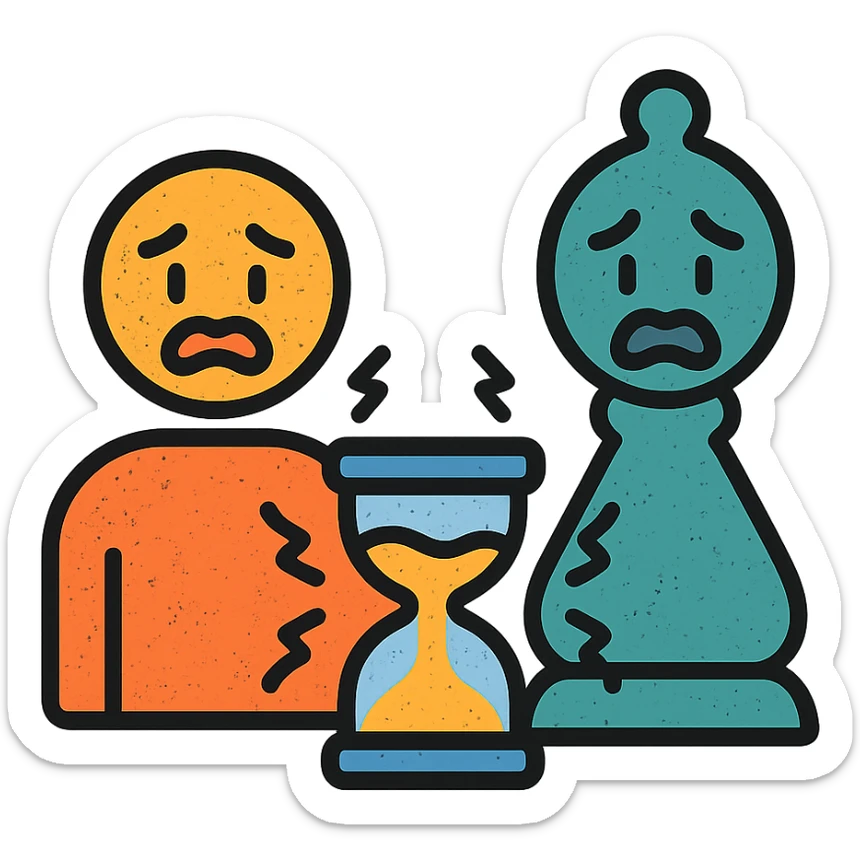 ultra-minimalist icon of two simple figures representing player and GM side by side, trembling clock or hourglass, extremely worn and eroded texture, anxious and stressed expressions, sense of terror sticker