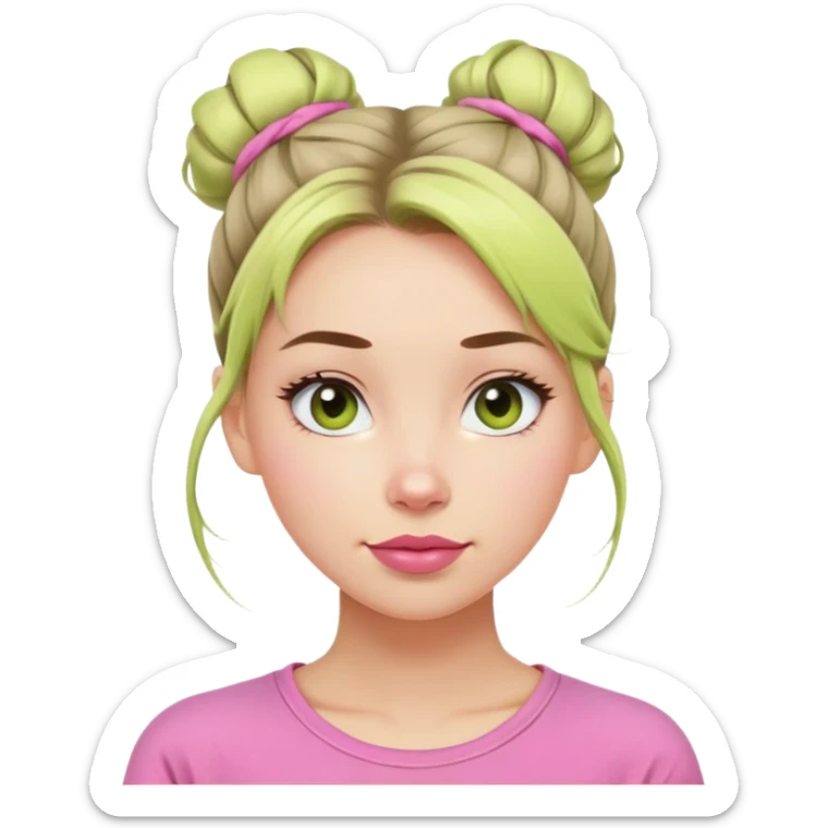 Woman cute, hair in messy bun, sky eyes, tight lime shirt, pink lips, slight smile sticker