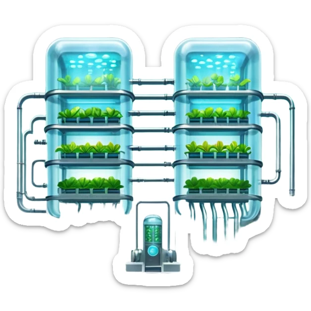 Exterior view of a futuristic hydroponic farm with glowing neon pipes and transparent water channels, sleek buildings shaped like nutrient tanks, vegetables and wheat growing in vertical layers, surreal atmosphere, emoji-style, cartoony sticker
