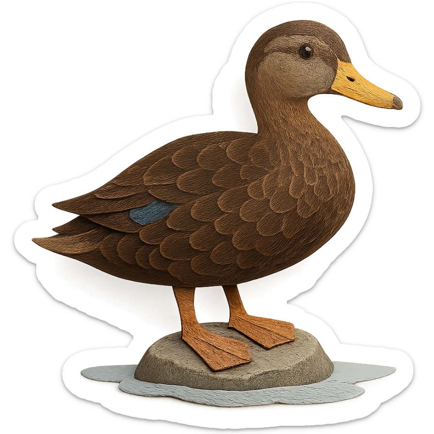 close-up of an American Black Duck in paper craft style, fine paper edges, subtle feather patterns, expressive eye, standing on a rock by water sticker