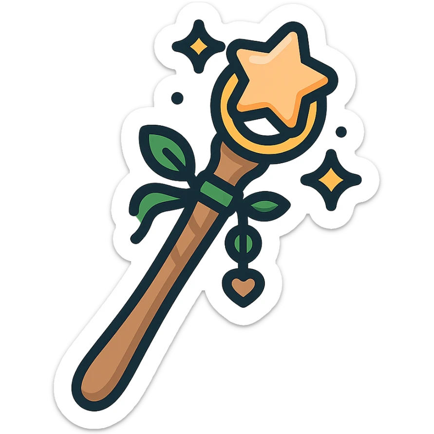 A cute and magical wand with an elegant, whimsical design, incorporating a color palette of golden orange (FA9B41), forest green (4A7C5C), soft taupe brown (96775A), and pastel peach (FFCC9A). The wand is slender and slightly curved, made of smooth wood with delicate carvings. At the top, there's a glowing gem or star in peachy tones, surrounded by tiny sparkles. Decorative elements like a ribbon, tiny leaves, or a small charm add a cozy, storybook-like charm. The overall look is gentle, enchanting, and magical, perfect for a forest fairy or a kindhearted young wizard sticker