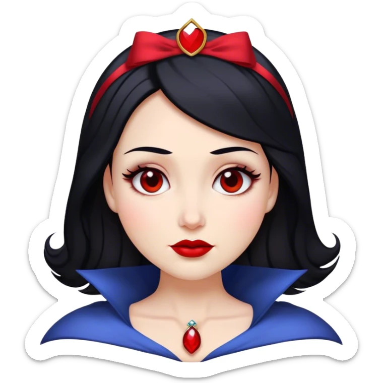 Cinematic Majestic Snow White Portrait Emoji, rendered in a clean, vector-style with bold, simplified shapes. Show Snow White with a serene, noble expression, radiant porcelain skin, and elegantly styled raven hair accented with subtle red highlights, her attire simple yet refined. The design radiates a majestic, pure glow with high shine and a soft glowing outline, embodying classic royal beauty. sticker