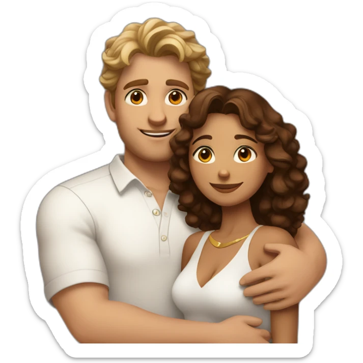 Indian woman with medium curly hair hugging a tall white man with brown hair in a white shirt sticker