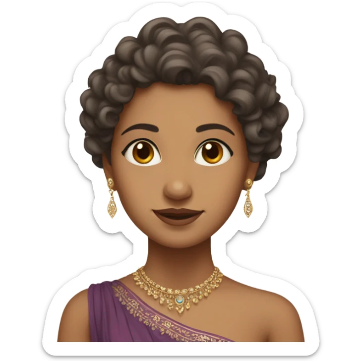 A girl with curly hairs. Skin tone is indian. Wearing a gown. Looking like a queen sticker