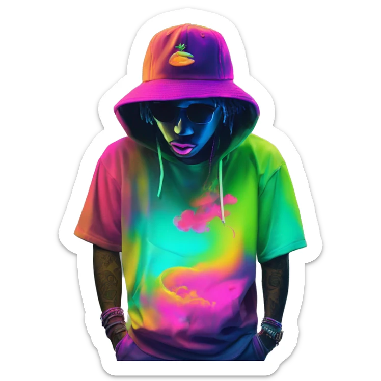 Multicoloured neon person smoking wearing hoodie dancing hip hop bucket hat tropical Skater fashion aesthetic baggy clothes graphic t shirt 420 sticker