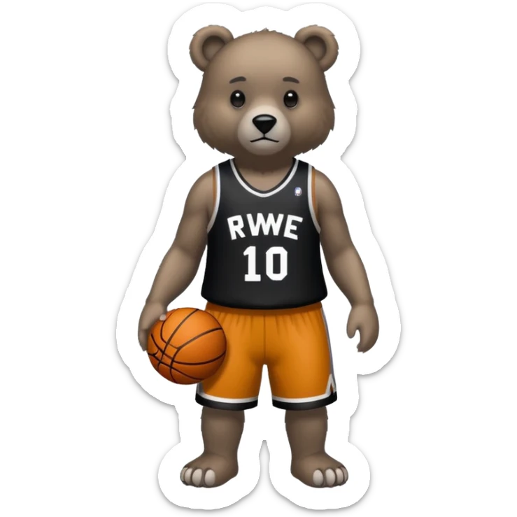 Bear with full body and wearing basketball black and gray jersey that says RWE  sticker