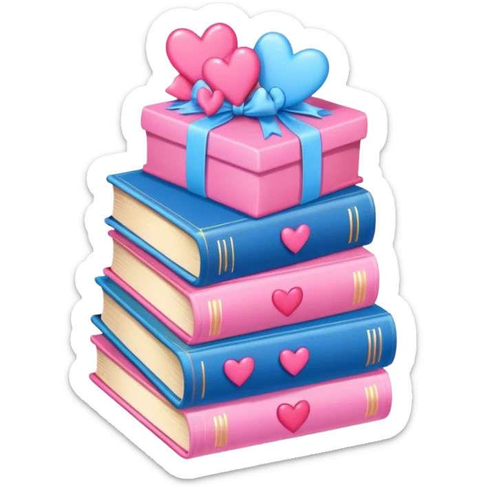 lots of romance books stacked up, pink and blue, with hearts and bows sticker