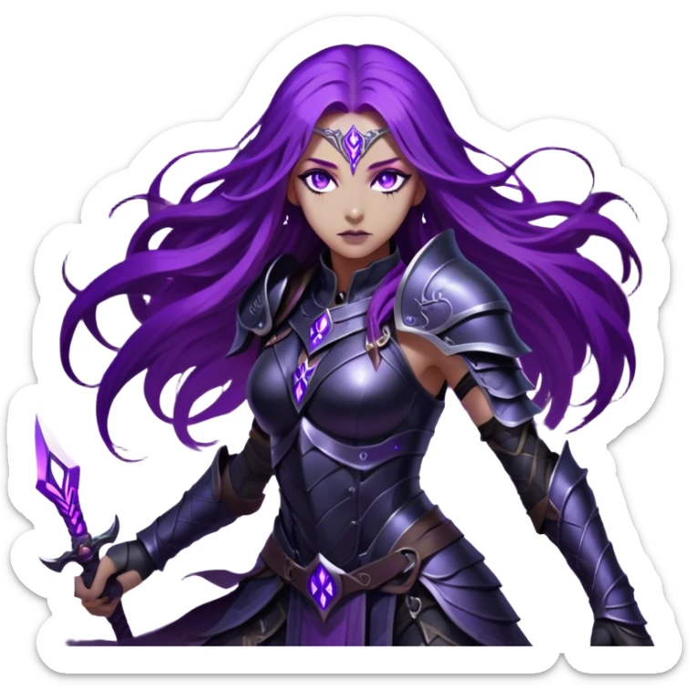 A mysterious warrior girl with long, flowing purple hair catching the dim light. Her glowing violet eyes stare forward, unwavering. She wears sleek black armor, adorned with silver runes that pulse faintly with hidden power. A dark mist swirls at her feet, hinting at the energy she commands. sticker