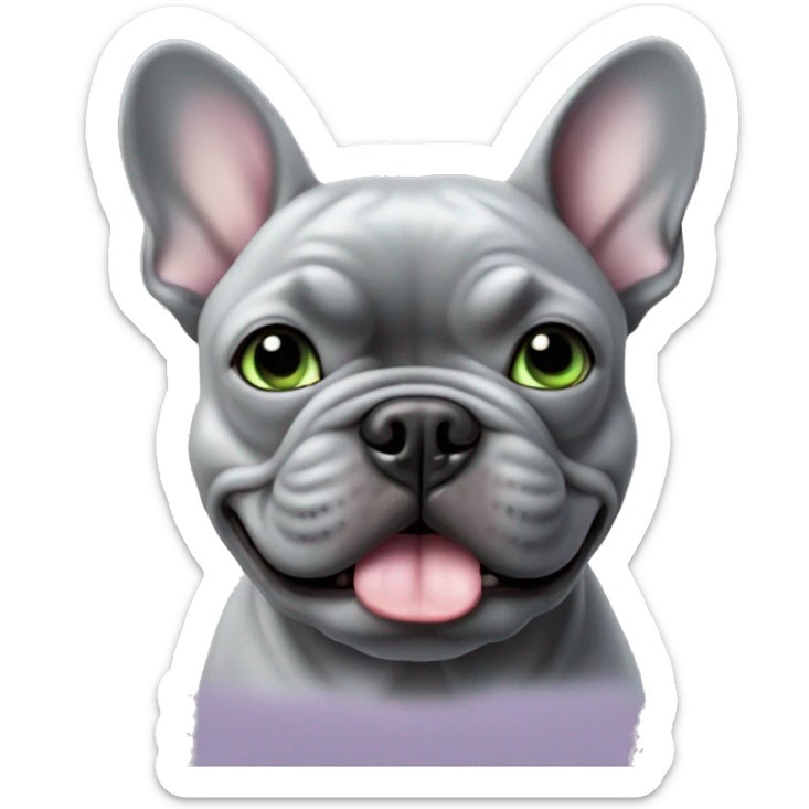 all gray french bulldog with light green eyes with a lavender collar and bottom row of teeth showing sticker