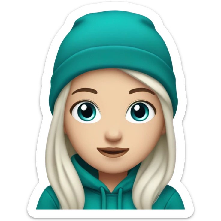 White girl, blue eyes, long teal hair, purple beanie hat, black hoodie sticker