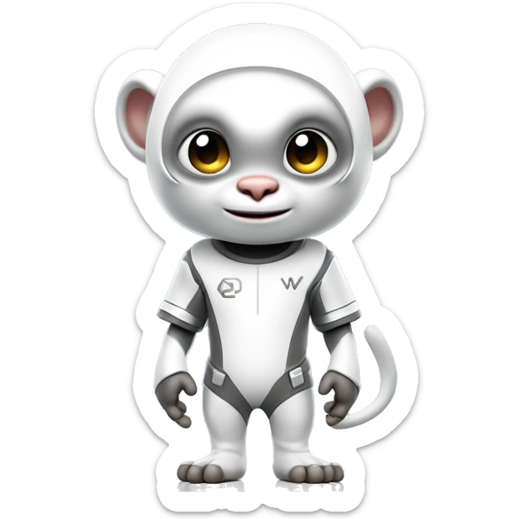 a 3d rendering of a full body shot of a cute white capucin monkey wearing a t shirt with a letter 'W' on it and a futuristic platinum helmet also with a letter 'W' on it, smiling and being cute to the camera, his style is futuristic y2k, he's standing up sticker