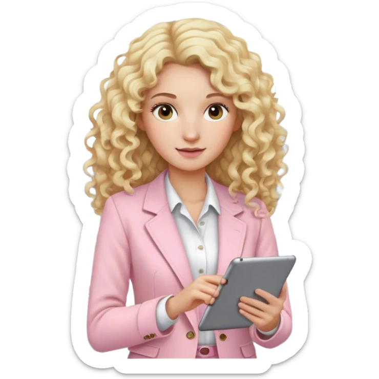 Blonde curly Long hair lady with light pink clothes in and office holding an ipad sticker