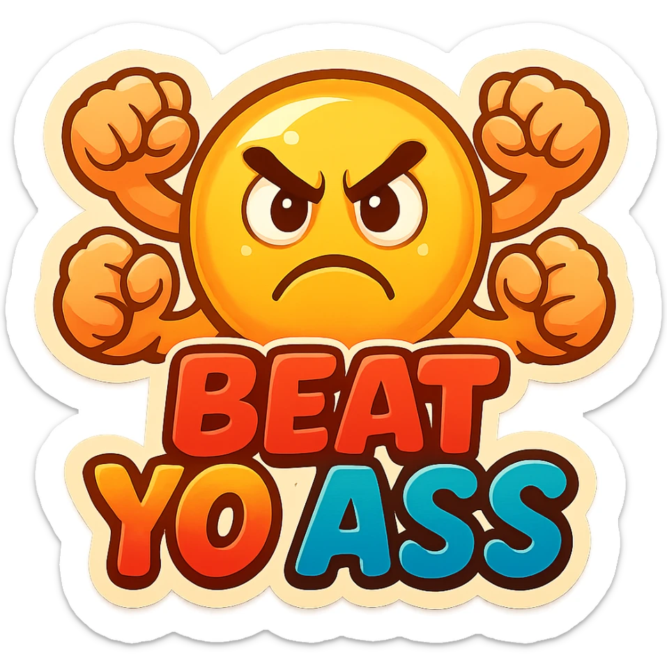 emoji with the words 'Beat Yo Ass' in bold playful style, expressive cartoon fists, comic action lines, vibrant colors, fun energetic vibe sticker