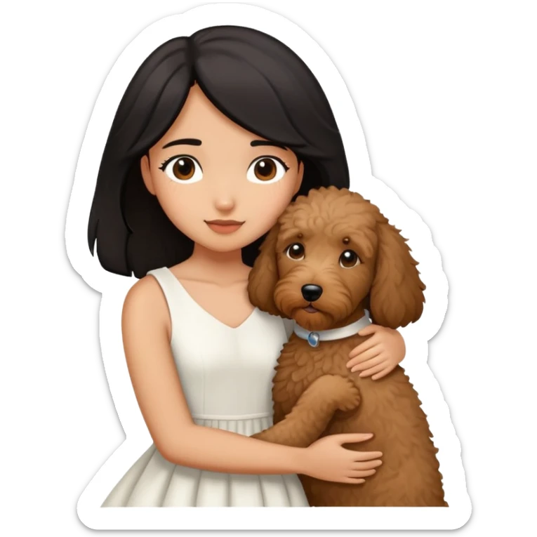 One girl with medium long black hair dressing white dress , hugging One little brown coated labradoodle. sticker