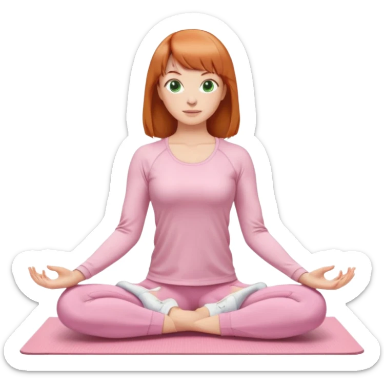 chin length ginger hair woman with bangs, green eyes, wearing long sleeve light pink yoga top, long flare light pink yoga pants, white sneakers, in gym, sitting on yoga mat sticker