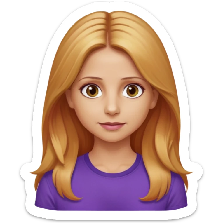 Sarah Michelle Gellar with hazel eyes, strawberry blonde long hair, purple shirt sticker