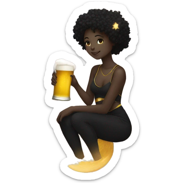 Ethereal Girl wearing black and gold sat on a nebula galaxy drinking beer surrounded by golden stars and planets sticker