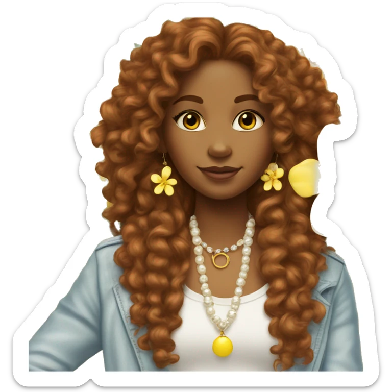 Brown skinned girl, long curly ginger hair, pearl earrings, bling tennis necklace, yellow Hawaiian flower in hair,  sticker