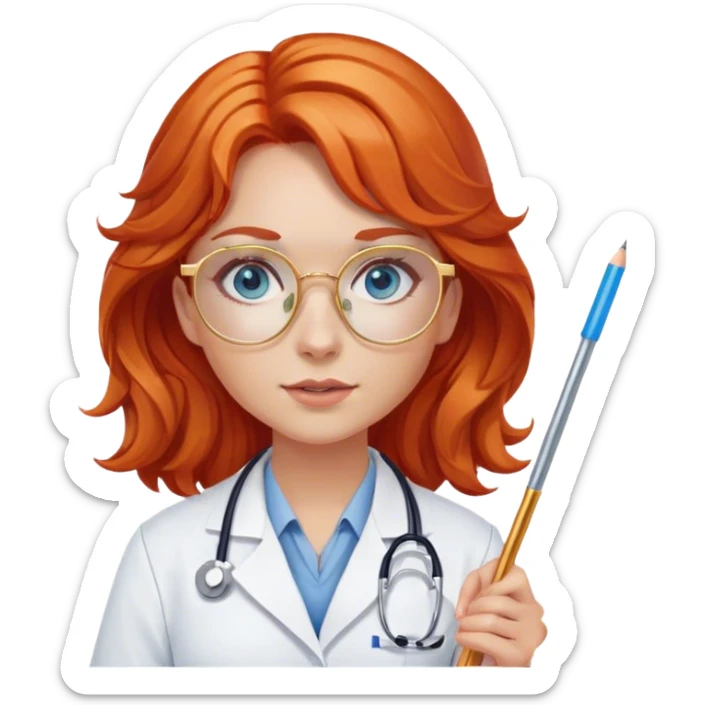 Girl doctor wavy orange red hair blue eyes in gold glasses . And  pointer sticker