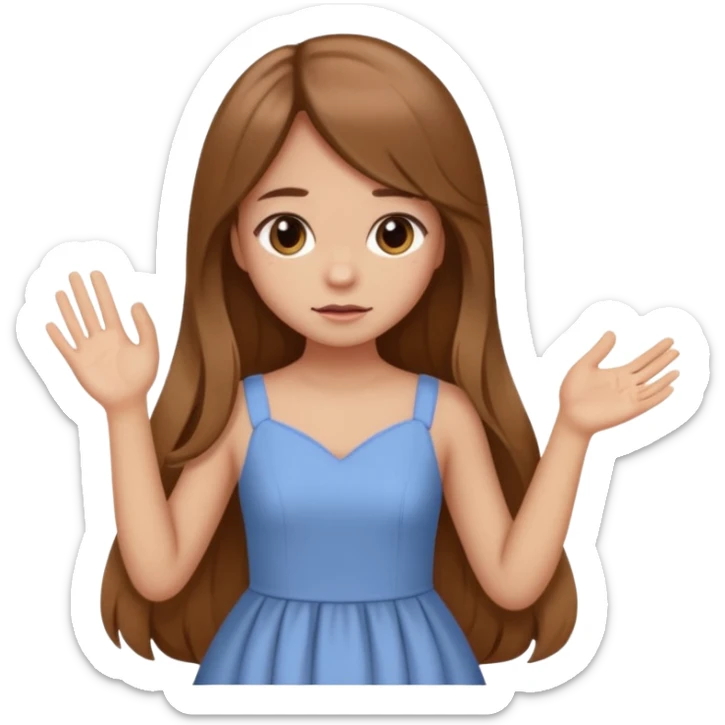 fake costumer loyalty, girl that doesn't care, she is like whatever, brown long hair, cute dres and her hand showing like i dont care whateve sticker