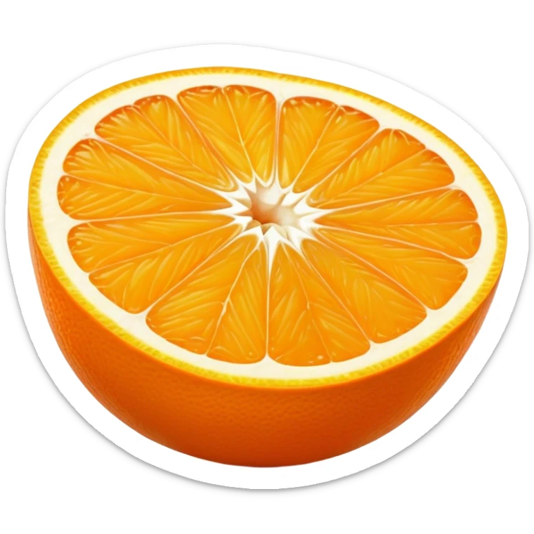 Cinematic juicy orange, sliced open to reveal glistening, bright citrus flesh, soft golden highlights, fresh and refreshing, natural and vibrant. sticker