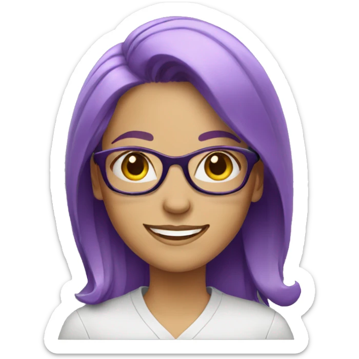 white woman wearing glasses, with purple hair smiling sticker
