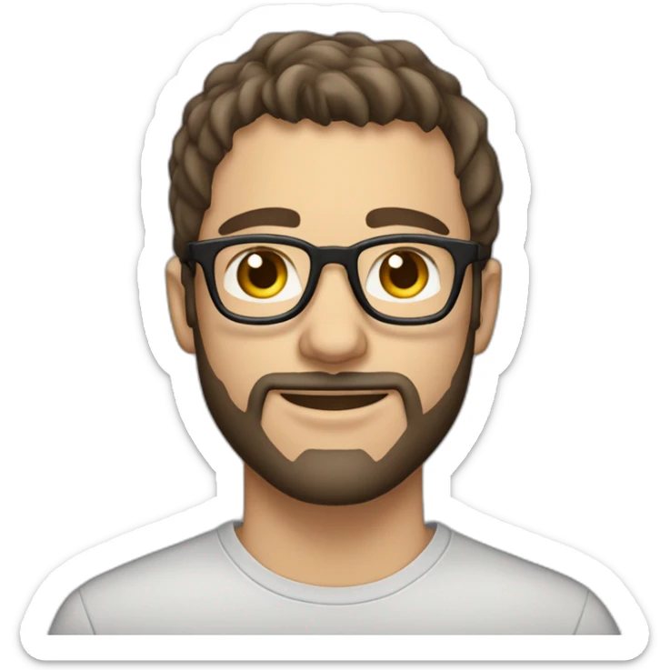 a brown haired 27 year old male with a grey streak in the front of his wearing glasses with a scruff beard sticker