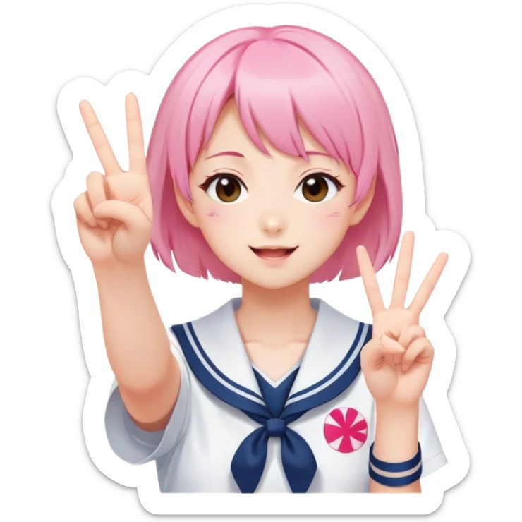 Energetic anime girl with short pink hair wearing Japanese sailor style school uniform, winking and making double peace signs, very cheerful and bubbly, kawaii style sticker