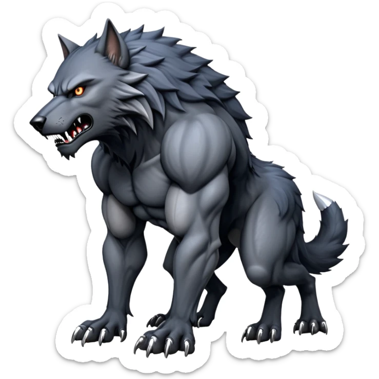cinematic-noble-fierce-werewolf-full body on all fours-emoji, poised-and-imposing, with a tall, lean, and muscular wolfish frame inspired by the brutal, imposing shape of the beast from Berserk, fur rippling in shades of midnight black and silver, massive paws with razor-sharp claws, elongated limbs and fangs, eyes glowing with an intense, primal ferocity, reflecting the untamed power of the wild moonlit night; rendered with realism like a wolf hunched over sticker