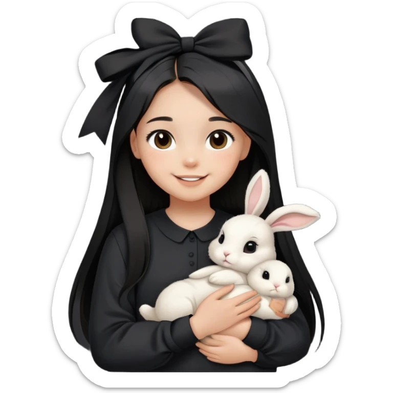 a smiling young teenage girl with light tan skin, long black straight hair, brown eyes, black oversized shirt and holding a white baby bunny wearing a small black bow on its right part of the head sticker