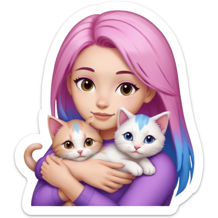 beautiful woman with pink straight hair with purple & blue tips and brown eyes hugs a kitten sticker