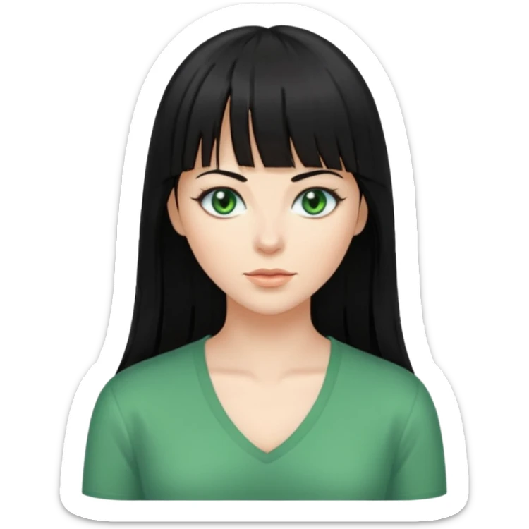 A white woman with Long straight hair with bangs, black hair, green eyes and a low-cut shirt sticker