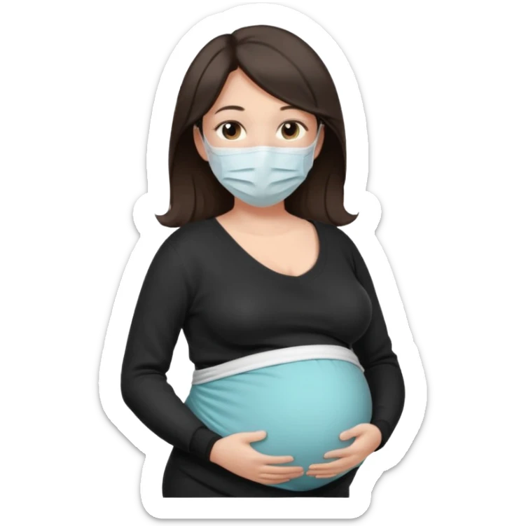 a pregrant lady with dark brown hair? Hair lengt above shoulder, wearing medical face mask, i wanna see the pregnant belly with black sweater sticker