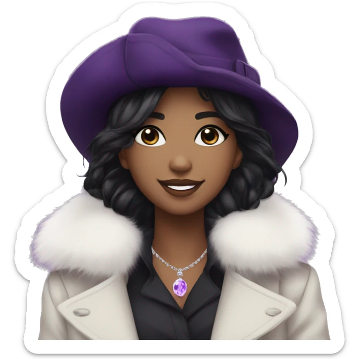 black hair,WHITE, long messy hairstyle, beret hat, purple eyes, smile, long black trench coat with white fur around the neck, purple crystal earrings, purple crystal necklace, black pants sticker