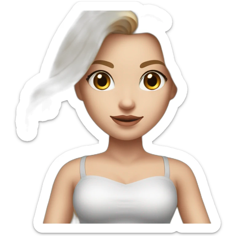 hyperrealistic caucasian long blonde hair brown perfect eyes woman white v-neck strapless top gray tight mini skirt walking towards camera sticker