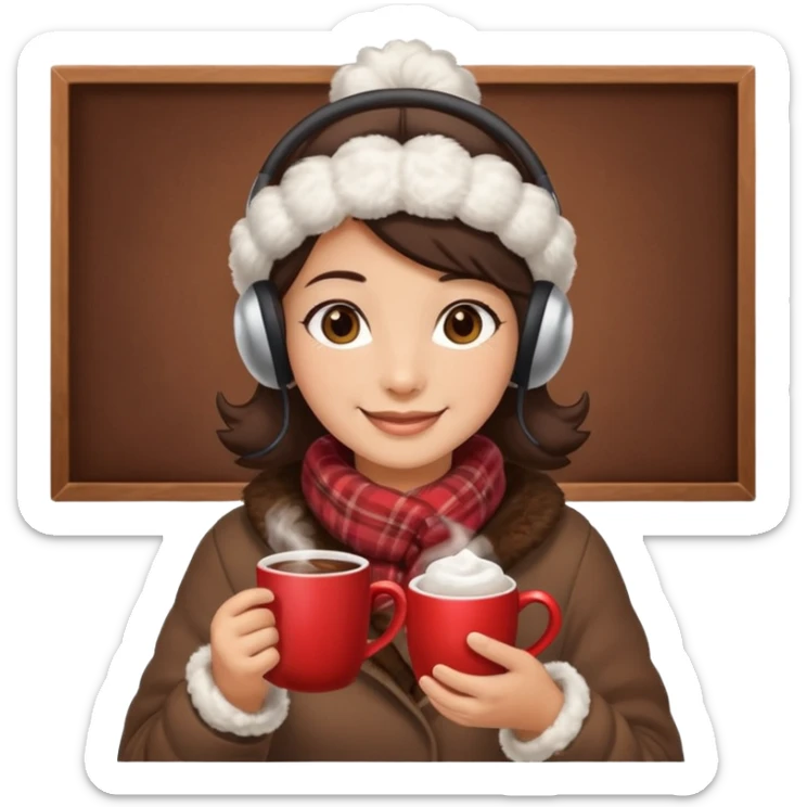 A cozy vendor with fluffy earmuffs, handing out steaming cocoa with a warm smile. sticker