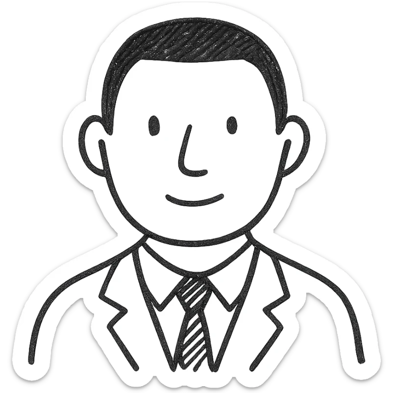 avatar image of a business man with black, very short hair cut, hand drawn outline style sticker