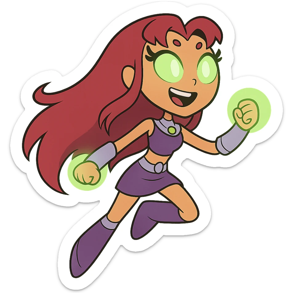 Starfire from Teen Titans Go, cartoon style, floating, long red hair, purple outfit, green eyes glowing sticker