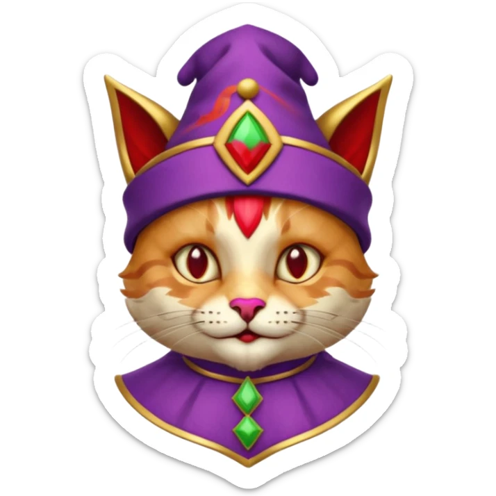 crazy colorful cute little cat jolly joker from poker, medieval, vintage, court jester, mac os icon, purple, gold and red color, head + torso. Squared shape as 3D mac os icon, symmetrical sticker