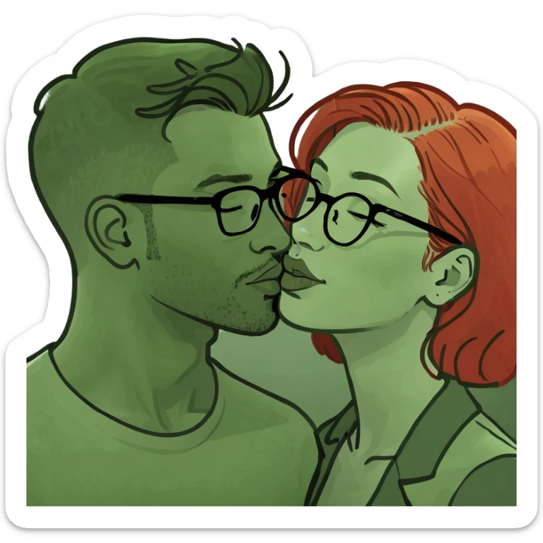 Redhead women in glasses kissing a dark haired man in glasses sticker