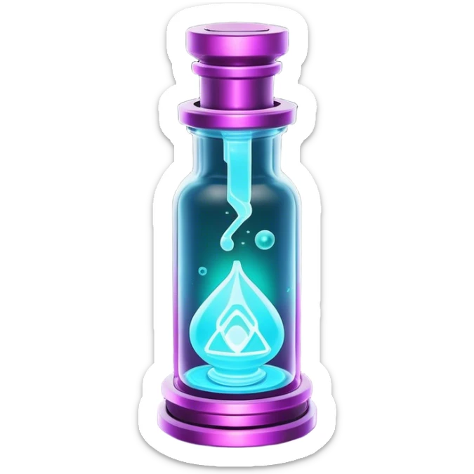 Clash of Clans aesthetic: Cinematic Playful Sci-fi Health injection Emoji, rendered in a 3D vector-style similar to standard emojis with minimal shading and bold, simplified shapes. A compact, futuristic vial with a glowing neon liquid and sleek contours, softly glowing with a healing cosmic charm. Simplified yet unmistakably iconic, highly detailed and consistent, glowing with a soft radiant glow and high shine. Stylized with a touch of futuristic alchemy and a soft glowing outline, capturing the essence of a vital energy elixir with a playful, interstellar spirit! sticker