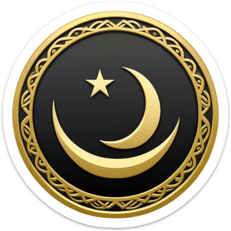 Emoji of the Al-Rashid Flag: Golden circle with pattern and band on black, with "Allahu Akbar". sticker