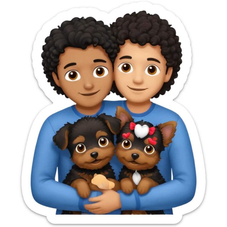 Young man with little brown skin, black curly hair, cheerful dark brown eyes, hugging two yorkie of long hair  sticker