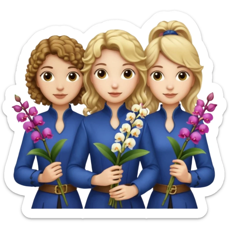 3 female musketeers, oneceith brown curly hair, one with straight blond hair, one eith blond hair on pony tail, all holding orchids sticker