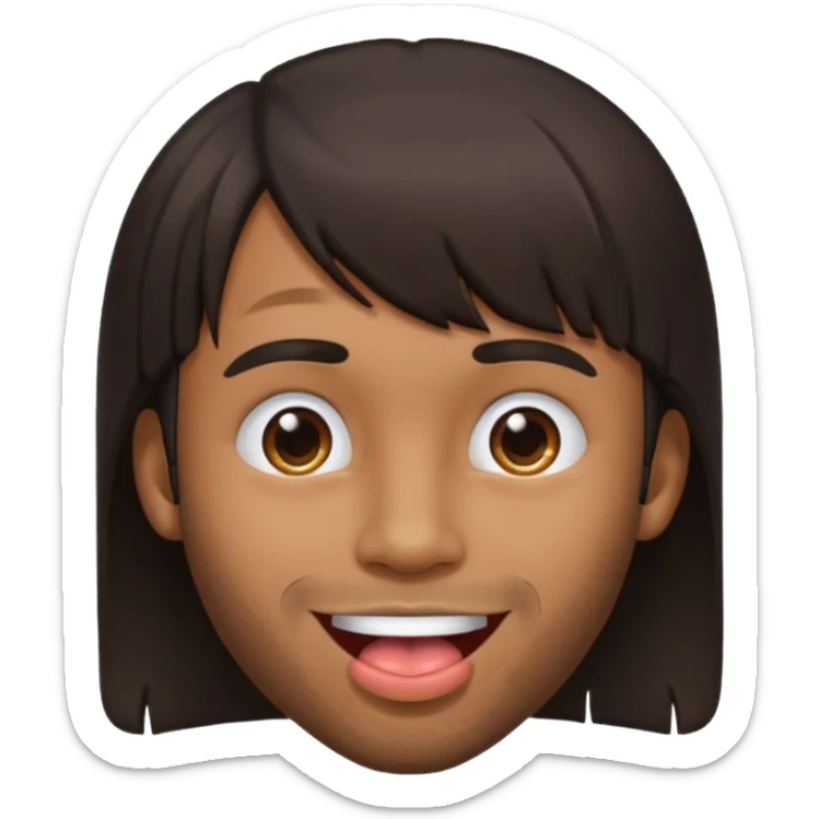 A brown skin guy with dark bangs hairstyles that is his covering forehead, his head is tilted back a bit and his tongue is out sticker