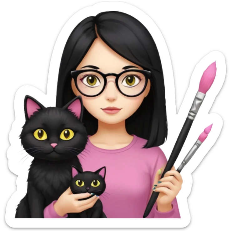 Painting women. smilling   Long black hair,  lunette peinture top pink, pinceau with is black cat  sticker