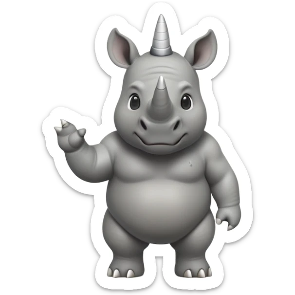 cinematic-rhino-full-body-standing-emoji,white horn, slate grey skin -massive-body-poised-powerfully,-thick-horn-curving-slightly-forward,-head-tilted-dramatically,-rough-grey-hide-covered-in-dust,-simplified-focused-features, large cute black eyes sticker