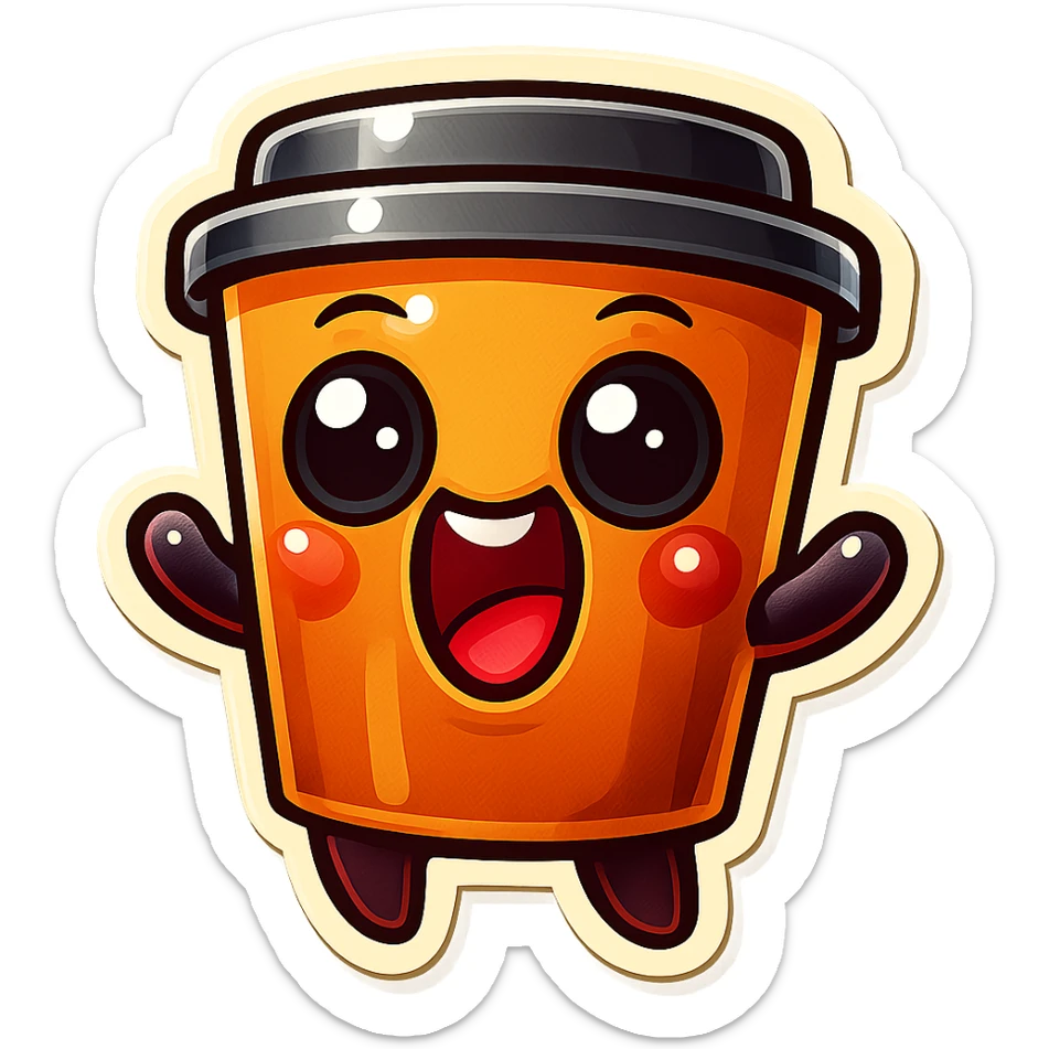 Tall coffee cup, wild, over the top, excited, big eyes, big mouth sticker